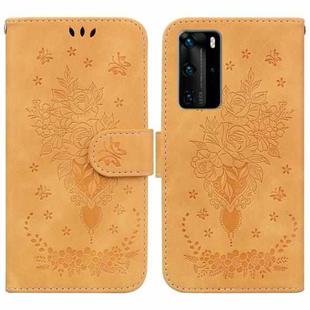 For Huawei P40 Pro Butterfly Rose Embossed Leather Phone Case(Yellow)