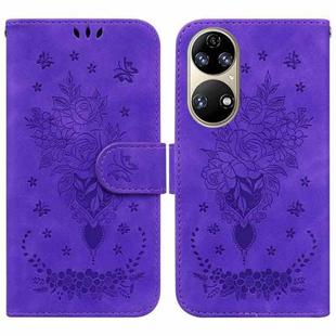 For Huawei P50 Butterfly Rose Embossed Leather Phone Case(Purple)