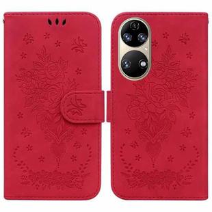 For Huawei P50 Butterfly Rose Embossed Leather Phone Case(Red)