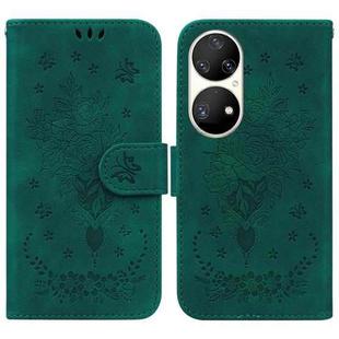 For Huawei P50 Pro Butterfly Rose Embossed Leather Phone Case(Green)