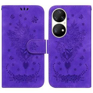 For Huawei P50 Pro Butterfly Rose Embossed Leather Phone Case(Purple)