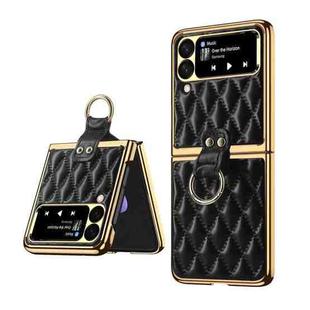 For Samsung Galaxy Z Flip3 5G Rhombic Leather Texture Ring Holder Phone Case(Black)