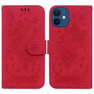 For iPhone 12 mini Butterfly Rose Embossed Leather Phone Case (Red)