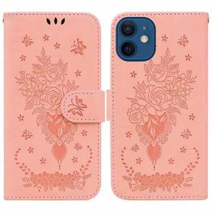 For iPhone 12 mini Butterfly Rose Embossed Leather Phone Case (Pink)
