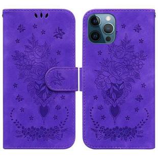 For iPhone 12 Pro Max Butterfly Rose Embossed Leather Phone Case(Purple)