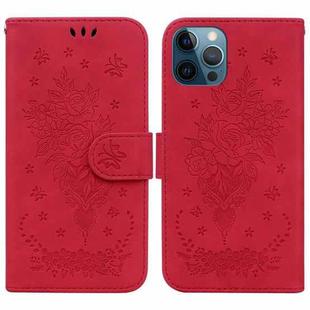 For iPhone 12 Pro Max Butterfly Rose Embossed Leather Phone Case(Red)