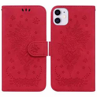 For iPhone 11 Butterfly Rose Embossed Leather Phone Case (Red)