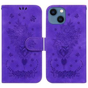 For iPhone 13 Butterfly Rose Embossed Leather Phone Case(Purple)