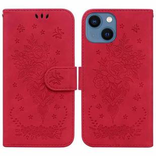 For iPhone 13 Butterfly Rose Embossed Leather Phone Case(Red)