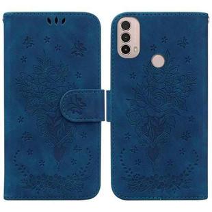 For Motorola Moto E20 / E30 / E40 Butterfly Rose Embossed Leather Phone Case(Blue)