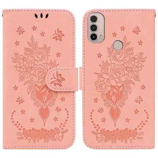 For Motorola Moto E20 / E30 / E40 Butterfly Rose Embossed Leather Phone Case(Pink)