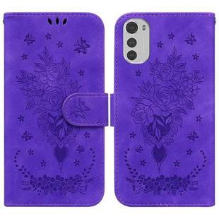 For Motorola Moto E32 Butterfly Rose Embossed Leather Phone Case(Purple)