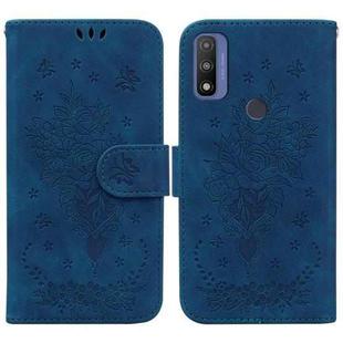 For Motorola Moto G9 Play / E7 Plus Butterfly Rose Embossed Leather Phone Case(Blue)