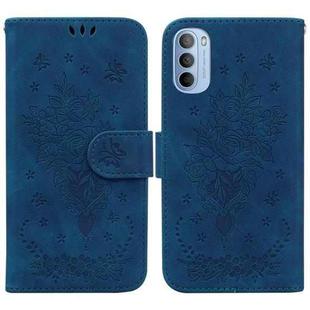 For Motorola Moto G51 Butterfly Rose Embossed Leather Phone Case(Blue)