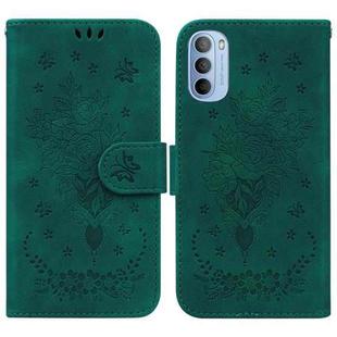 For Motorola Moto G51 Butterfly Rose Embossed Leather Phone Case(Green)