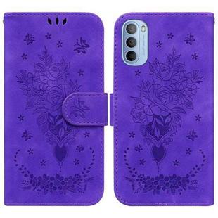 For Motorola Moto G51 Butterfly Rose Embossed Leather Phone Case(Purple)