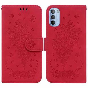 For Motorola Moto G51 Butterfly Rose Embossed Leather Phone Case(Red)