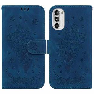 For Motorola Moto G52 Butterfly Rose Embossed Leather Phone Case(Blue)