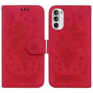 For Motorola Moto G52 Butterfly Rose Embossed Leather Phone Case(Red)