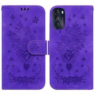 For Motorola Moto G 2022 Butterfly Rose Embossed Leather Phone Case(Purple)