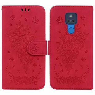 For Motorola Moto G Play 2021 Butterfly Rose Embossed Leather Phone Case(Red)