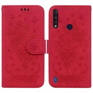 For Motorola Moto G8 Power Lite Butterfly Rose Embossed Leather Phone Case(Red)