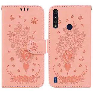 For Motorola Moto G8 Power Lite Butterfly Rose Embossed Leather Phone Case(Pink)