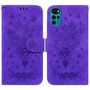 For Motorola Moto G22 Butterfly Rose Embossed Leather Phone Case(Purple)