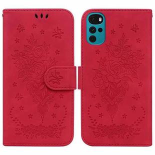 For Motorola Moto G22 Butterfly Rose Embossed Leather Phone Case(Red)