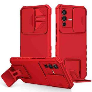 For vivo V23 5G Stereoscopic Holder Sliding Camshield Phone Case(Red)