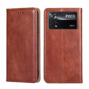 For Xiaomi Poco X4 Pro 5G Gloss Oil Solid Color Magnetic Flip Leather Phone Case(Brown)