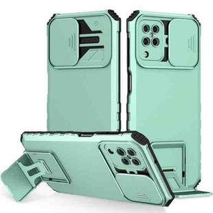 For Samsung Galaxy A12 5G Stereoscopic Holder Sliding Camshield Phone Case(Light Blue)