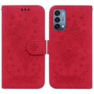 For OnePlus Nord N200 5G Butterfly Rose Embossed Leather Phone Case(Red)