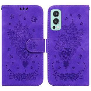 For OnePlus Nord 2 5G Butterfly Rose Embossed Leather Phone Case(Purple)