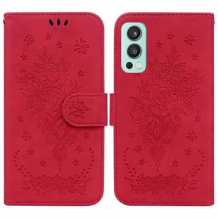 For OnePlus Nord 2 5G Butterfly Rose Embossed Leather Phone Case(Red)