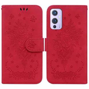 For OnePlus 9 US & EU Version Butterfly Rose Embossed Leather Phone Case(Red)