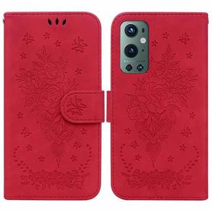 For OnePlus 9 Pro Butterfly Rose Embossed Leather Phone Case(Red)