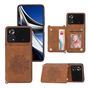 For Xiaomi Poco X4 Pro 5G Mandala Embossed Card Slots Magnetic Phone Case(Brown)