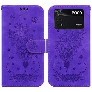 For Xiaomi Poco M4 Pro Butterfly Rose Embossed Leather Phone Case(Purple)