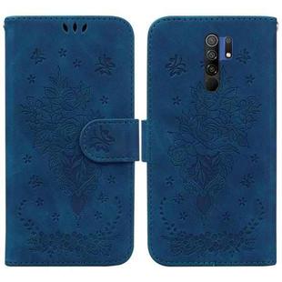 For Xiaomi Redmi 9 / 9 Prime / Poco M2 Butterfly Rose Embossed Leather Phone Case(Blue)