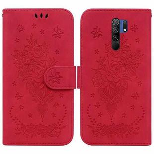 For Xiaomi Redmi 9 / 9 Prime / Poco M2 Butterfly Rose Embossed Leather Phone Case(Red)