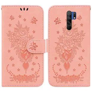 For Xiaomi Redmi 9 / 9 Prime / Poco M2 Butterfly Rose Embossed Leather Phone Case(Pink)