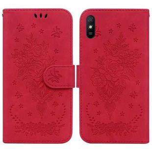 For Xiaomi Redmi 9A Butterfly Rose Embossed Leather Phone Case(Red)