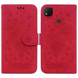 For Xiaomi Redmi 9C Butterfly Rose Embossed Leather Phone Case(Red)