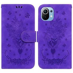 For Xiaomi Mi 11 Butterfly Rose Embossed Leather Phone Case(Purple)
