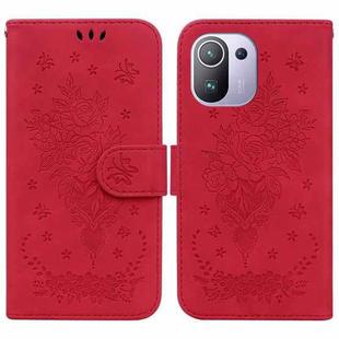 For Xiaomi Mi 11 Pro Butterfly Rose Embossed Leather Phone Case(Red)