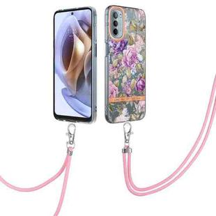 For Motorola Moto G31/G41 Flowers Series TPU Phone Case with Lanyard(Purple Peony)