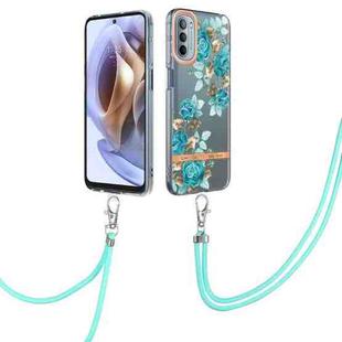 For Motorola Moto G31/G41 Flowers Series TPU Phone Case with Lanyard(Blue Rose)