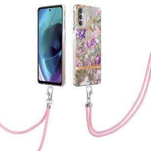 For Motorola Moto G51 5G Flowers Series TPU Phone Case with Lanyard(Purple Peony)