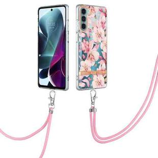 For Motorola Moto G200 Flowers Series TPU Phone Case with Lanyard(Pink Gardenia)